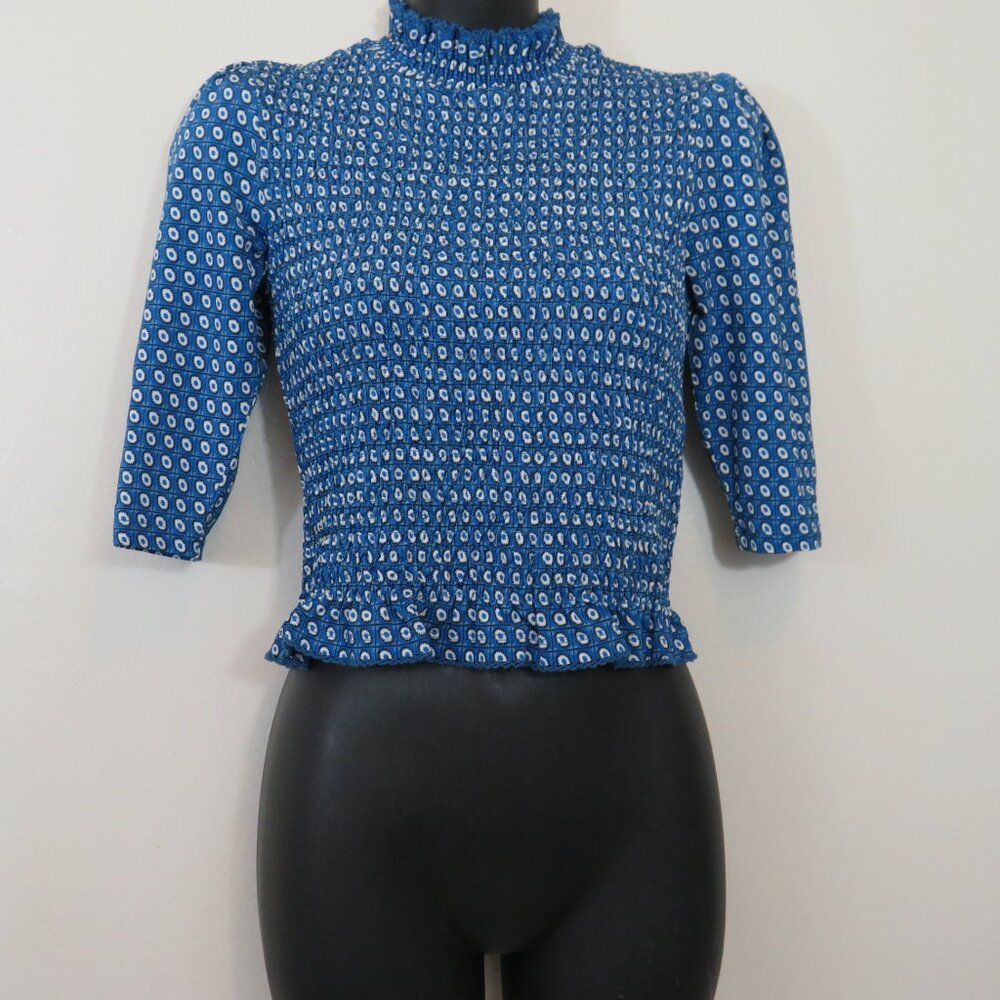 Sandro size 0 Molitor Smocked Top Blue Printed Half Sleeve Mock Neck NEW - Picture 3 of 6